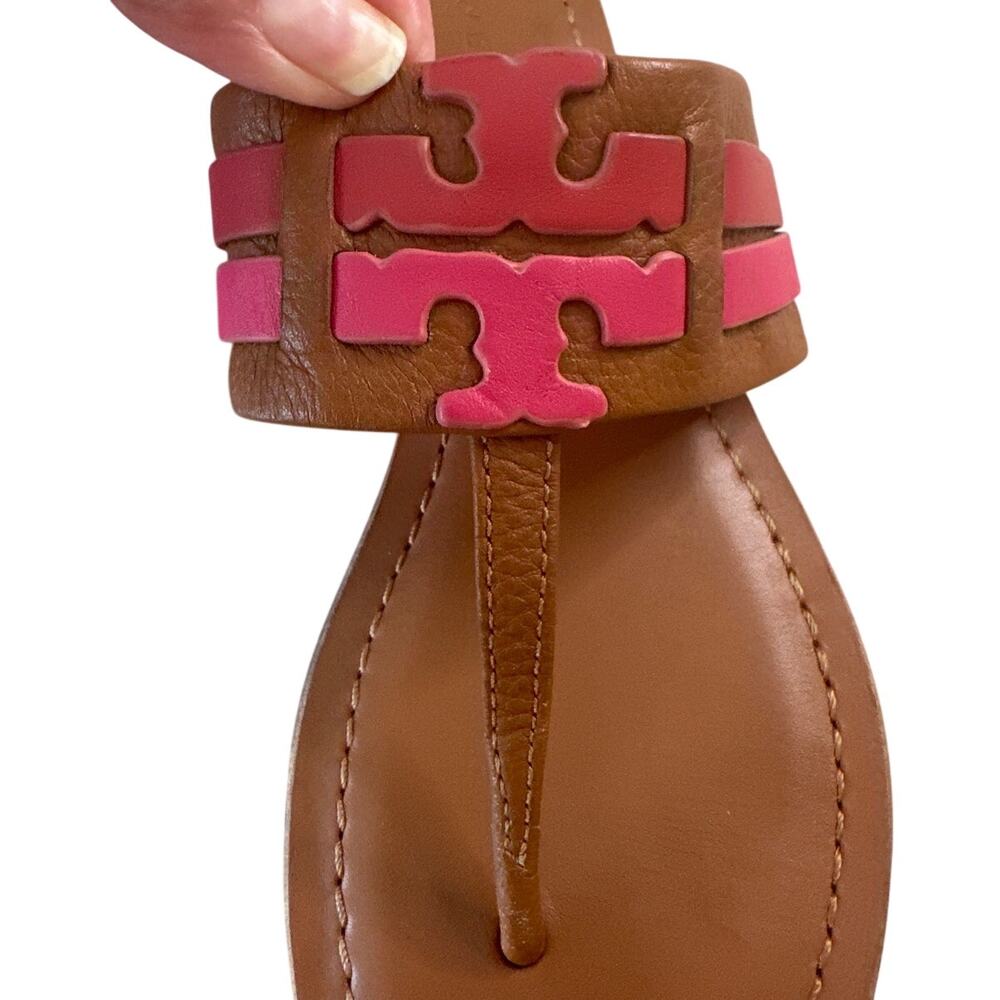 Tory Burch Leigh Thong Sandals Ambra Carnelian Azalea 9 Leather - Picture 12 of 12